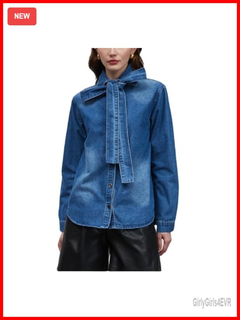 Denim Button Down Shirt Bow Tie Neck Long Sleeve Blouse Top